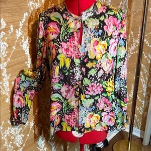 COPY - Kobi Halperin Black and Pink Graphic Blouse with Mandarin Collar